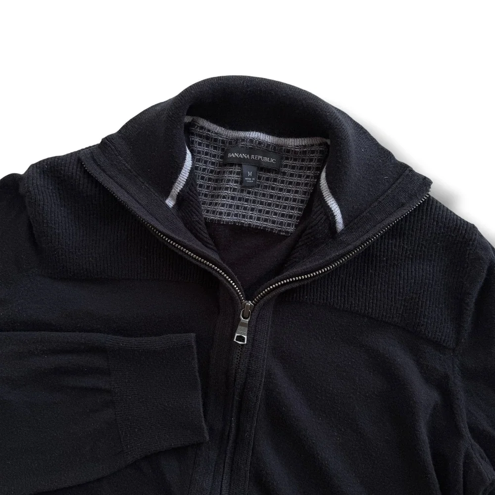 Banana Republic Men's M Black Cotton Silk Blend Full Zip Mock Neck Sweater  Y2K